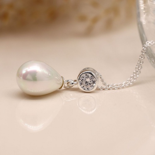Sterling Silver Shell Pearl Drop and Crystal Necklace by Peace of Mind